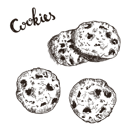 Hand drawn illustration of cookies with chocolate pieces. Oatmeal sweet dessert. Cute sketch of cookies.のイラスト素材