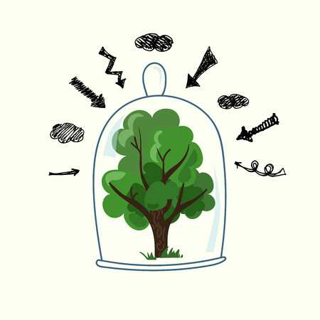 Green tree under a transparent glass dome. Save the forest and nature concept. Bad influence on the environment.のイラスト素材