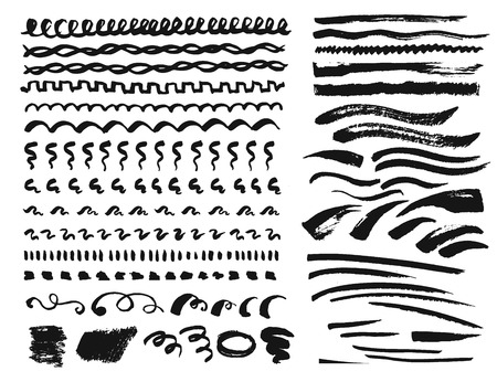 Hand drawn vector set of horizontal lines, strokes, and smears. Isolated sketch elements collection for brushes and decoration.のイラスト素材