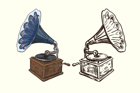 Vector illustration of gramophone or phonograph Retro musical device sketch. Classical vintage equipment.のイラスト素材