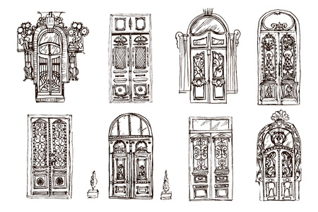Old doors collection. Hand drawn sketch of different doors on the white backgroundのイラスト素材
