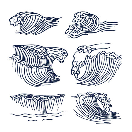 Drawing sea or ocean waves. Cute sketch of big waves element isolated on the white background.のイラスト素材
