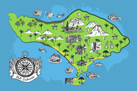 Drawing deteiled Bali map with landmarks and sights sketches.のイラスト素材