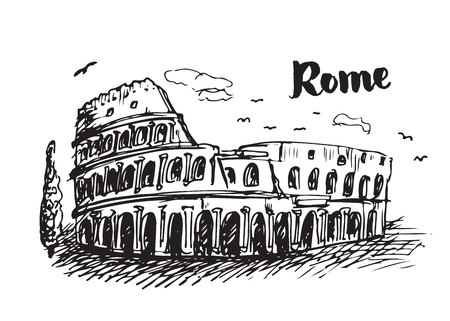 Drawing sketch of Coliseum in Rome. Hand drawn Colosseum illustration.のイラスト素材