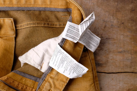 Clothing labels on wooden vintage background