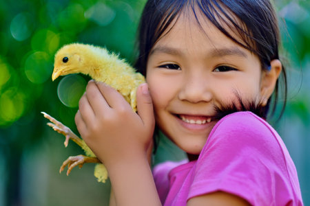 Little Asian girl holding yellow chicken in her hand, close upの写真素材