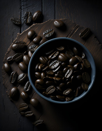 Coffee beans in a coffee cup on a wooden table. AI Generated.の素材