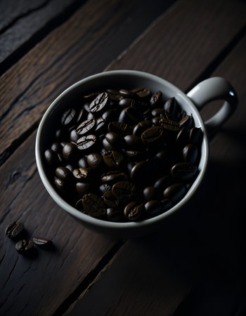 Coffe beans in a white cup on wooden table. AI Generated.の素材