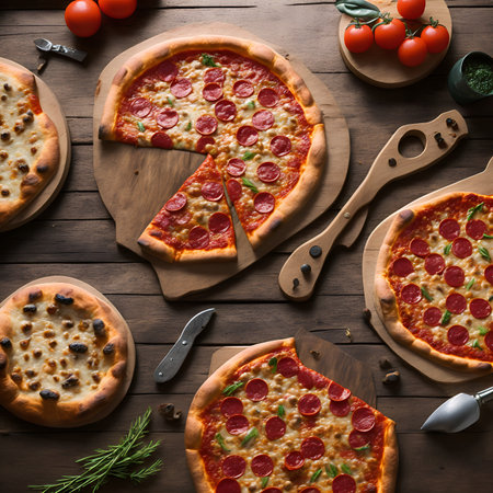 Freshly baked pizzas put on wooden tray on the table. AI Generated.の素材