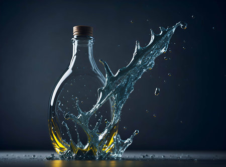Slilver liquid splash on an empty glass bottle. AI Generated.の素材
