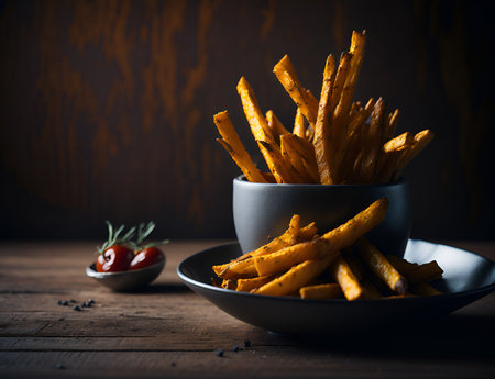 Delicious crispy potato french fries, perfectly seasoned, paired with tangy tomato ketchup, resting enticingly on the table, inviting indulgence and mouthwatering satisfaction. AI Generated.の素材