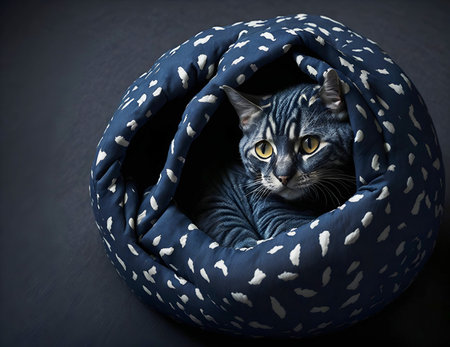 A cute and contented cat peacefully relaxing in a cozy blue cat bed adorned with a delightful white polka dot pattern. AI Generated.の素材