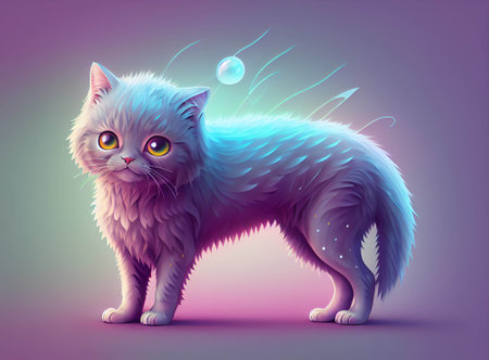 Beautiful cute 2D cartoon cat with pastel purple color looking at viewer, realistic fantasy artwork style, purple gradient background. AI Generated.の素材
