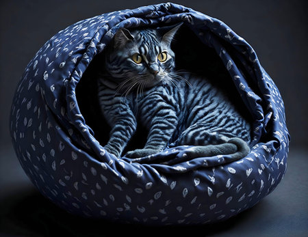 A cute cat peacefully relaxing in a cozy blue cat bed adorned with a delightful white polka dot pattern. AI Generated.の素材