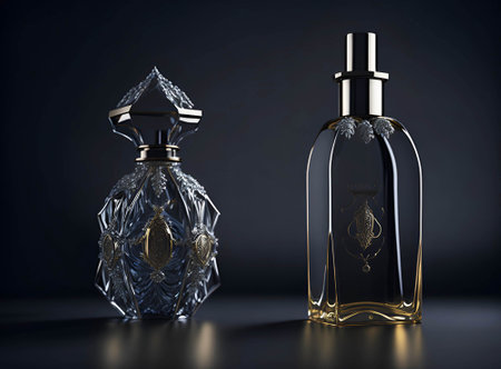 Two luxurious antique elegant crystal glass perfume cologne bottle with empty label in gold and silver color. AI Generated.の素材