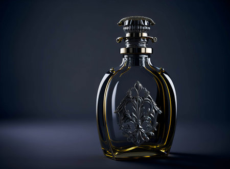 A luxurious antique elegant crystal glass perfume cologne bottle with empty label in gold and silver color. AI Generated.の素材