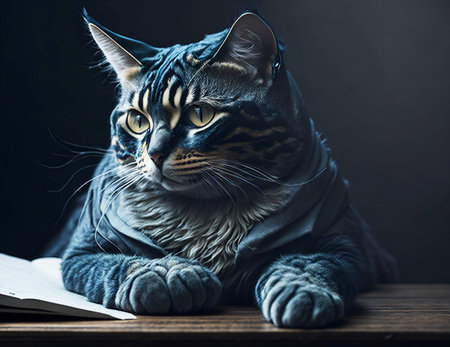 grey color cat in a blue coat reading book on the table. AI Generated.の素材