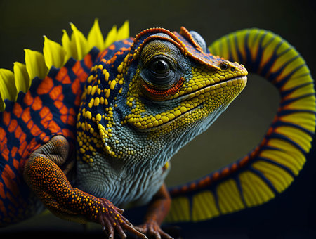 a close up macro photo of a red and yellow color chameleon on a dark blur background. AI Generated.の素材