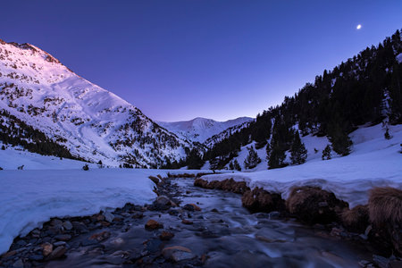 Snowy mountain landscape at dusk in the Pyrenees