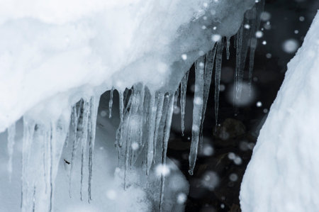 Detail of a landscape with falling snowflakes and stalactitesの写真素材