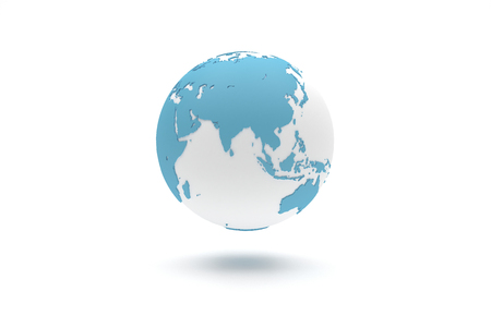 Highly detailed 3D planet Earth globe with blue continents in relief and white oceans, centered in Asiaの写真素材