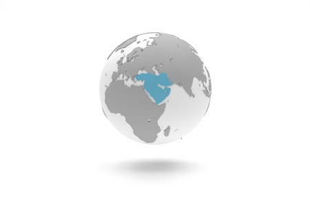 Highly detailed 3D planet Earth globe with grey continents in relief and white oceans, centered in blue Middle Eastの写真素材