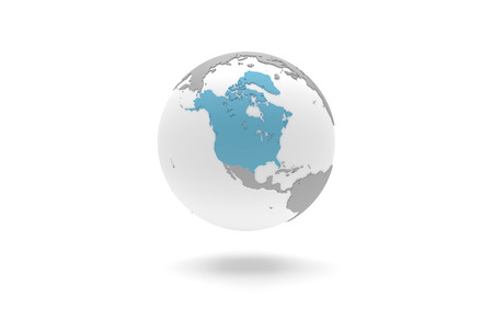 Highly detailed 3D planet Earth globe with grey continents in relief and white oceans, centered in blue North America with Greenland, without Mexicoの写真素材