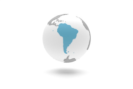 Highly detailed 3D planet Earth globe with grey continents in relief and white oceans, centered in blue South Americaの写真素材
