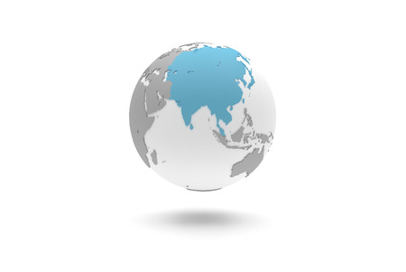 Highly detailed 3D planet Earth globe with grey continents in relief and white oceans, centered in blue Asia without middle Eastの写真素材