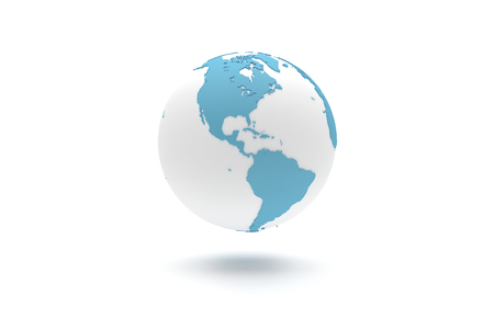 Highly detailed 3D planet Earth globe with blue continents in relief and white oceans, centered in Americaの写真素材