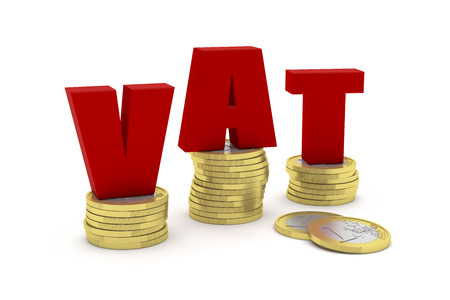 Highly detailed 3D render illustration of three one euro coin stacks with the word VAT on themの写真素材