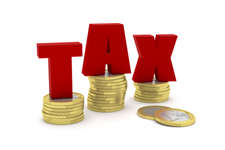 Highly detailed 3D render illustration of three one euro coin stacks with the word TAX on themの写真素材