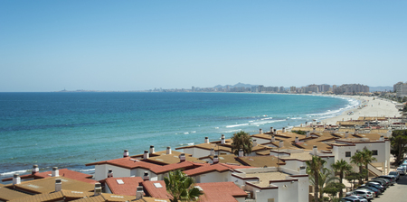 Sandy Beach Line Panorama - La Manga del Mar Menor, Cabo de Palos, Cartagena and San Javier, Murcia, Spain, Europeの写真素材