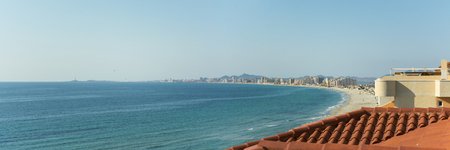 Sandy Beach Line Panorama - La Manga del Mar Menor, Cabo de Palos, Cartagena and San Javier, Murcia, Spain, Europeの写真素材