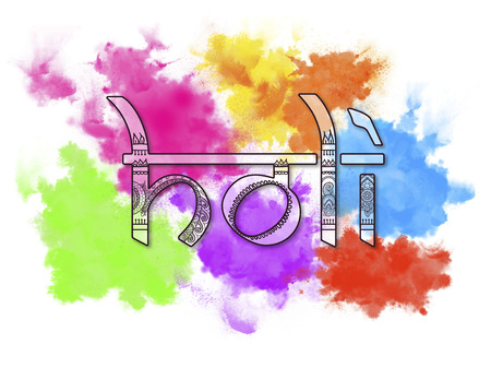 Holi Word with ethnic drawings on color pigments splatters backgroundの写真素材