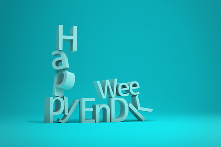 Happy Weekend Word Letters collapsing isolated on turquoise background, 3D Render Illustrationの写真素材