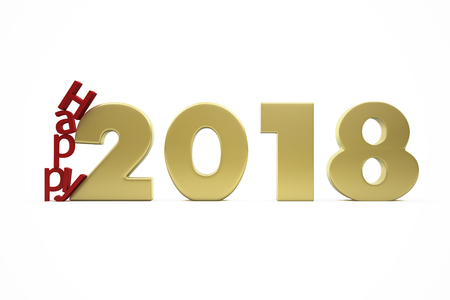 New Year's Happy 2018 - Golden Figures and Red Letters Collapsing - 3D Render Illustration Isolated on White Backgroundの写真素材