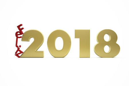 New Year's Happy 2018 in Spanish - Golden Figures and Red Letters Collapsing - 3D Render Illustration Isolated on White Backgroundの写真素材