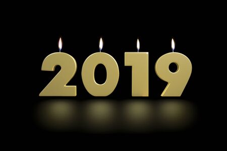 2019 New Year's Golden Lighten Up Candles 3D Render Illustration Isolated on Black Background With Floor Reflexionの写真素材