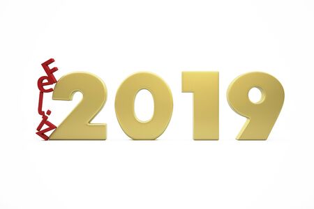 New Year's Happy 2019 - Golden Figures and Red Letters Collapsing - 3D Render Illustration Isolated on White Background - Words in Spanishの写真素材