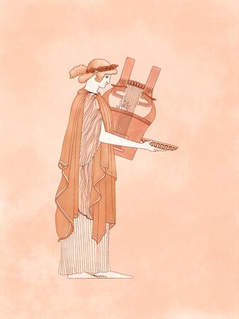Apollo or Helios Standing Playing Cithara or Lyre with Phiale and Laurel crown, based on ancient greek pottery and ceramics red-figure drawingsの写真素材