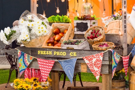 produce bazaar, decoration made of artificial fruit, vegetable and flowersの写真素材