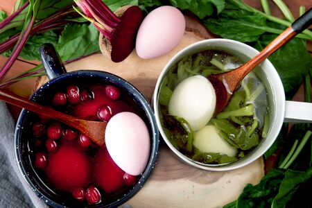 Homemade painting Easter eggs with spinach and beet dyes. Non-toxic coloring