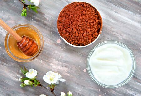 Ingredients for homemade face mask honey, cocoa, yogurt.の写真素材