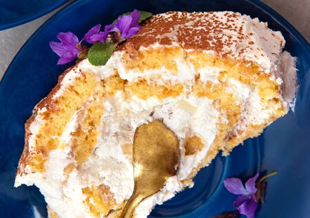 Swiss roll with cream, a piece of homemade roll cake on a plate.