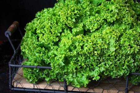 Fresh green lettuce on wooden tray on black background.