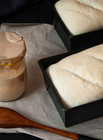 Bread before baking with leaven. Rye leaven for bread is active.