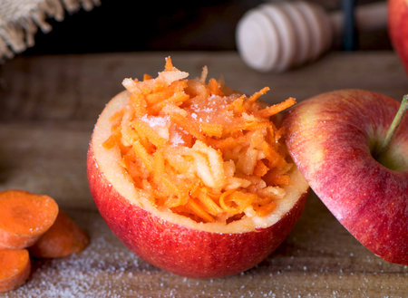 Healthy salad of grated carrots and apples with sugar.の写真素材