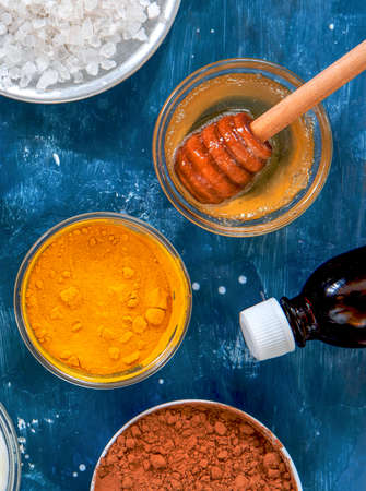 Homemade cosmetics ingredients for skincare, body. Top view.の写真素材
