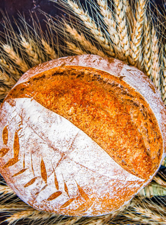 Rustic bread with seeds on a wooden table in flour, black background. Multi-grain bread.の写真素材